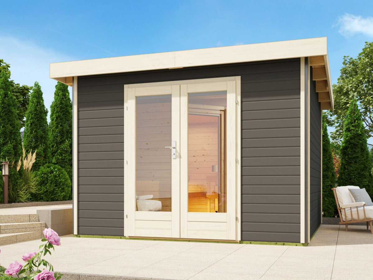 Karibu Saunahaus Mainburg 1 terragrau, inkl. 9kW Bioofen ext. Steuerung HUUM