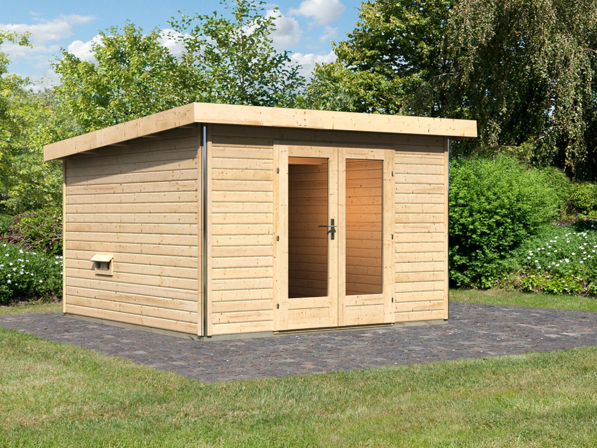 Karibu Saunahaus Mainburg 1 Set B naturbelassen, inkl. 9 kW Bioofen ext. Steuerung HUUM