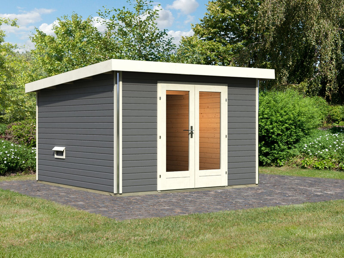 Karibu Saunahaus Mainburg 1 Set B terragrau, inkl. 9 kW Bioofen ext. Steuerung HUUM