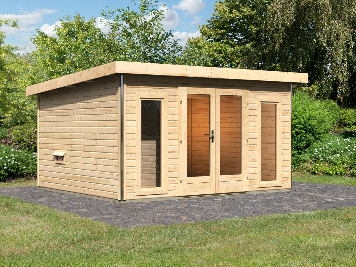 Karibu Saunahaus Mainburg 2 naturbelassen, inkl. 9 kW Bioofen ext. Steuerung HUUM