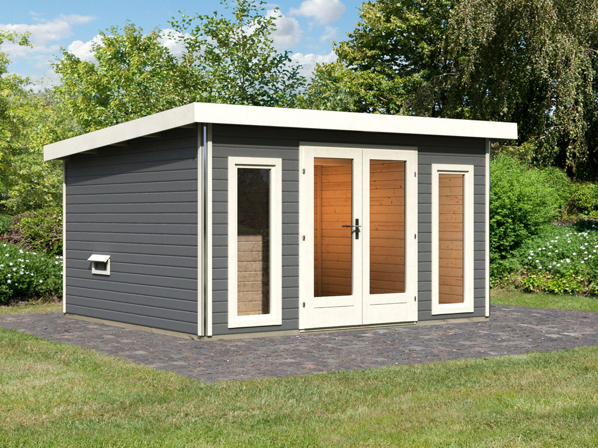 Karibu Saunahaus Mainburg 2 terragrau, inkl. 9 kW Bioofen ext. Steuerung HUUM