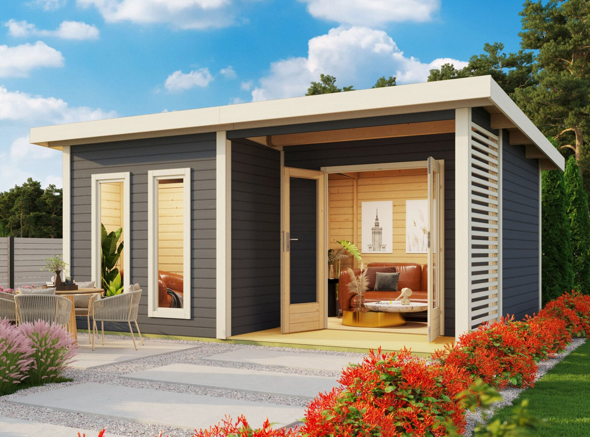 Karibu Saunahaus Mainburg 5 terragrau, inkl. 9 kW Bioofen ext. Steuerung HUUM