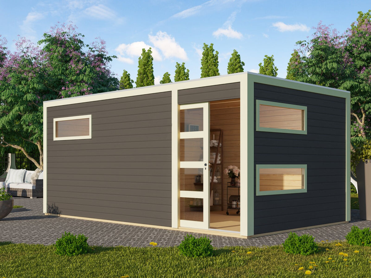 Karibu Saunahaus Hygge 38 mm- terragrau- inkl. 9 kW Ofen ext. Steuerung Wifi HUUM