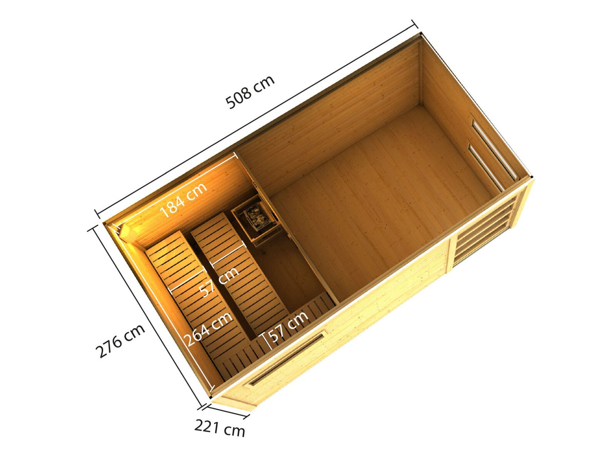 Karibu Saunahaus Hygge 38 mm- terragrau- inkl. 9 kW Ofen ext. Steuerung Wifi HUUM