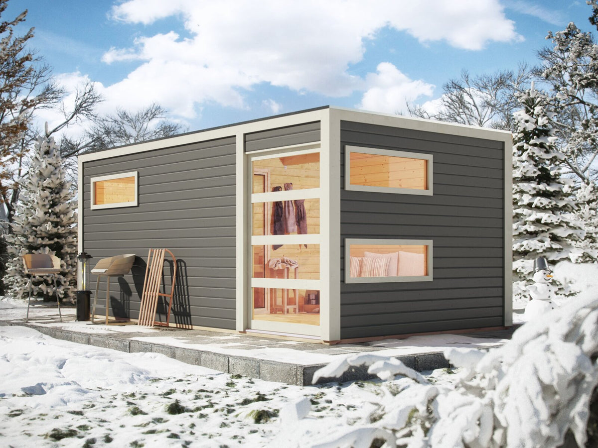 Karibu Saunahaus Hygge 38 mm- terragrau, inkl. 9 kW Bioofen ext. Steuerung Wifi HUUM