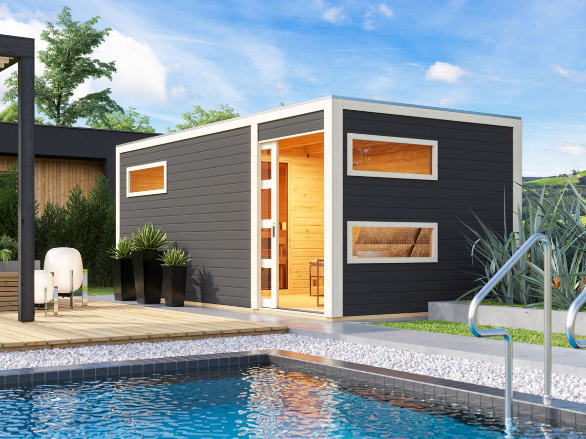 Karibu Saunahaus Hygge 38 mm- terragrau, inkl. 9 kW Bioofen ext. Steuerung Wifi HUUM