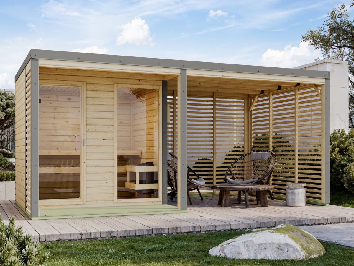 Karibu Hybrid Saunahaus Ares 2, inkl. Anbaudach in naturbelassen/graualuminium, inkl. 9 kW Ofen ext. Steuerung easy