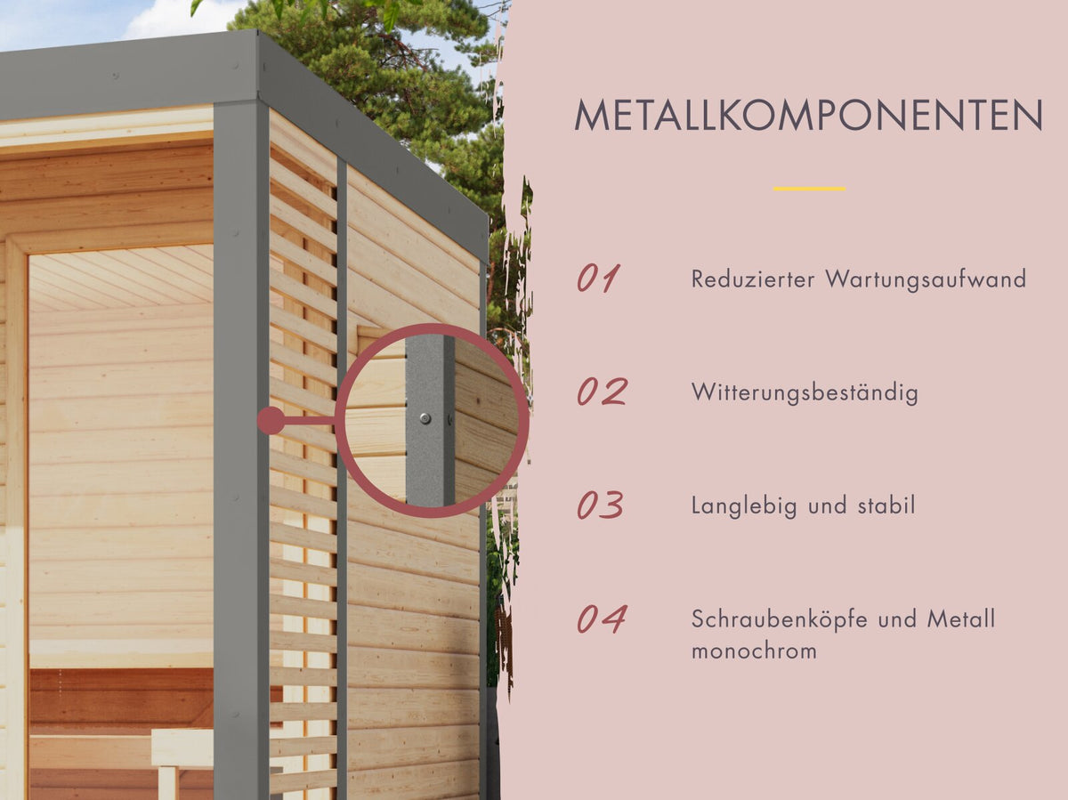Karibu Hybrid Saunahaus Ares 2, inkl. Anbaudach in naturbelassen/graualuminium, inkl. 9 kW Bioofen ext. Steuerung easy