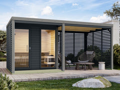 Karibu Hybrid Saunahaus Ares 2, inkl. Anbaudach in anthrazit/graualuminium -ohne Ofen- – Vorschau 1