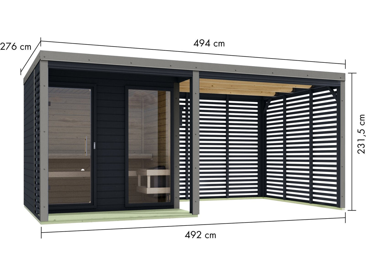 Karibu Hybrid Saunahaus Ares 2, inkl. Anbaudach in anthrazit/graualuminium, inkl. 9 kW Ofen ext. Steuerung Wifi HUUM