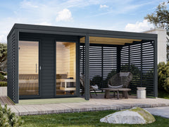 Karibu Hybrid Saunahaus Ares 2, inkl. Anbaudach in anthrazit/anthrazit, inkl. 9 kW Ofen ext. Steuerung Wifi HUUM – Vorschau 1