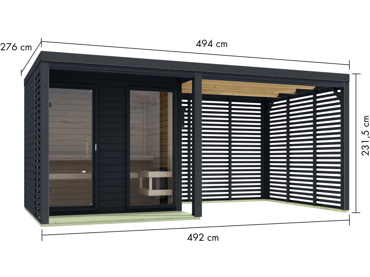 Karibu Hybrid Saunahaus Ares 2, inkl. Anbaudach in anthrazit/anthrazit, inkl. 9 kW Bioofen ext. Steuerung Wifi HUUM