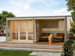 Karibu Hybrid Saunahaus Ares 3, inkl. Anbaudach in naturbelassen/graualuminium, inkl. 9 kW Bioofen ext. Steuerung Wifi HUUM – Vorschau 1