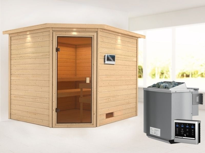 Karibu Sauna Lotta mit 9 kW Bioofen ext. Strg und Dachkranz 38 mm