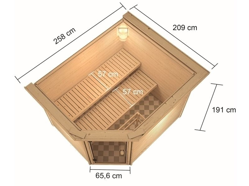Karibu Sauna Lotta mit 9 kW Bioofen ext. Strg und Dachkranz 38 mm