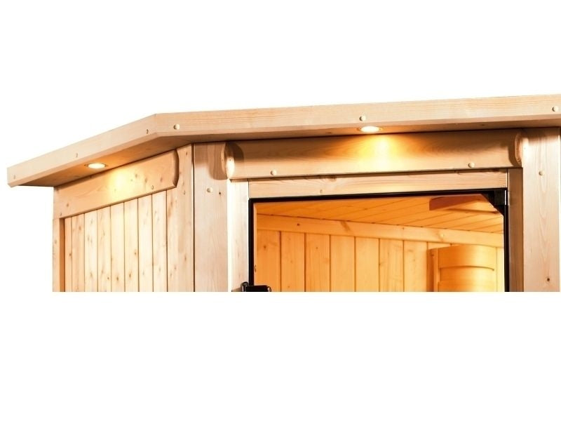 Karibu Sauna Lotta mit 9 kW Bioofen ext. Strg und Dachkranz 38 mm