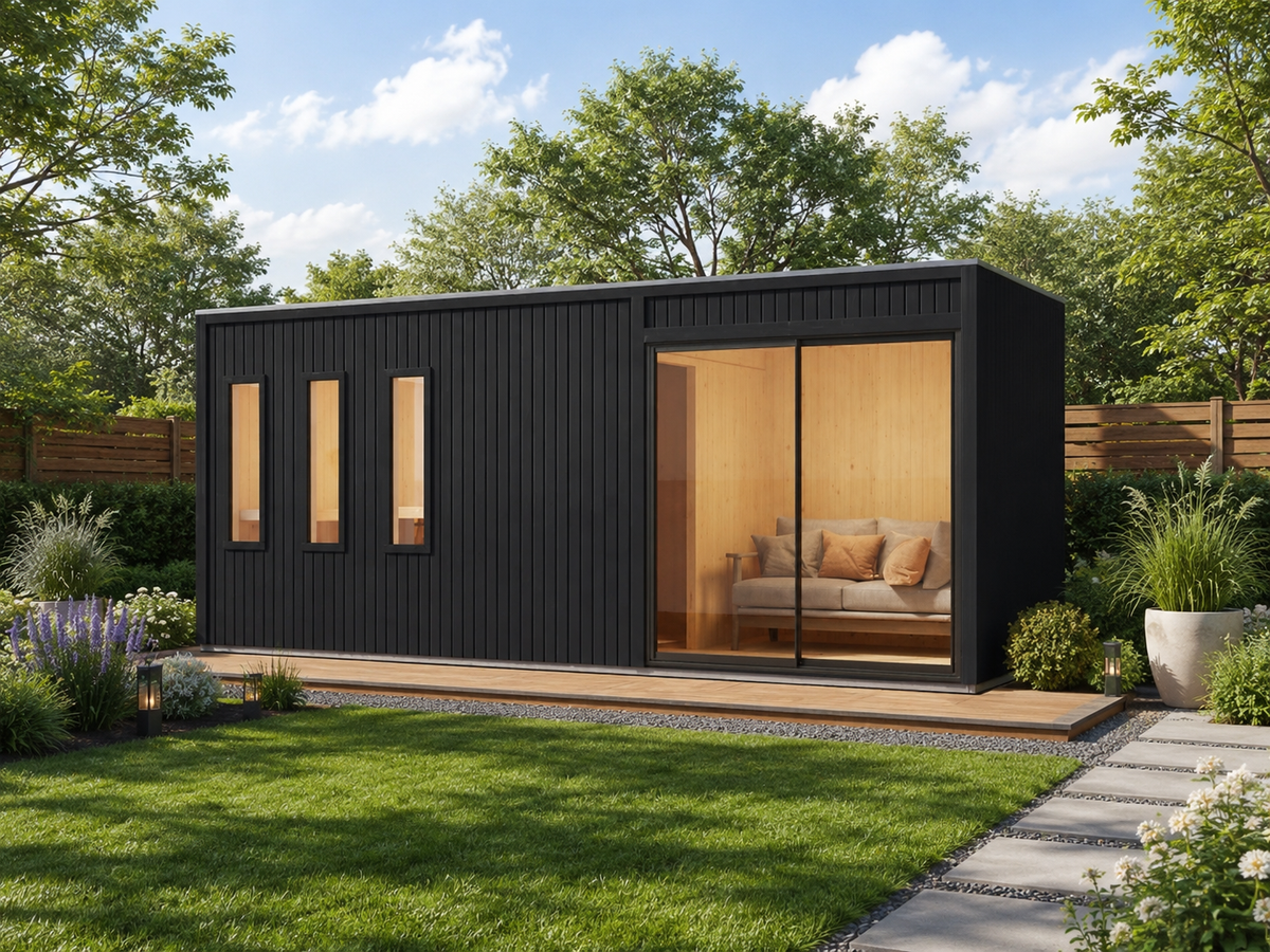 Karibu Saunahaus Monterey, schwarz, inkl. 11 kW Ofen ext. Steuerung, mit Séparée im Vorraum, 73 mm