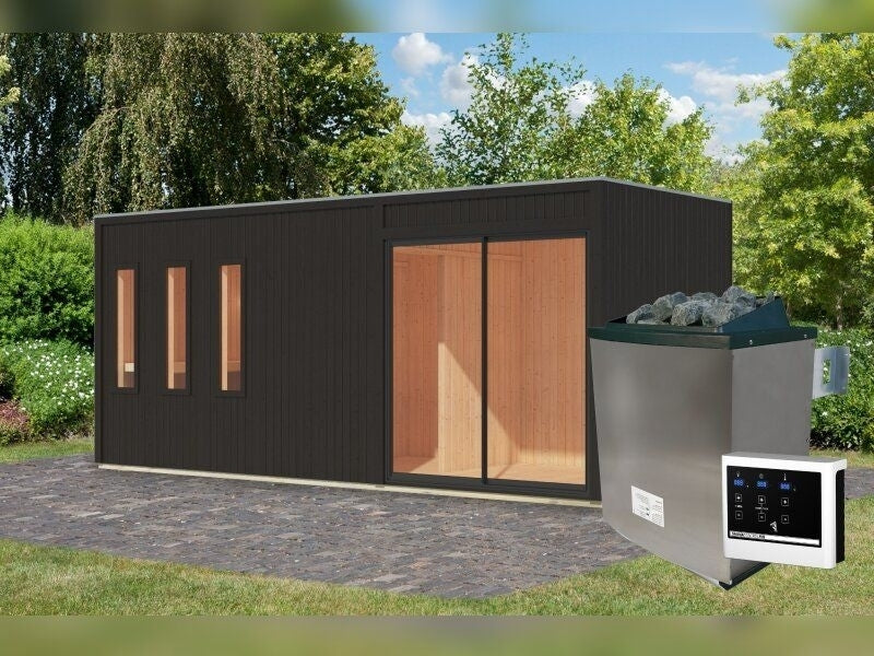 Karibu Saunahaus Monterey, schwarz, inkl. 11 kW Ofen ext. Steuerung, mit Séparée im Vorraum, 73 mm