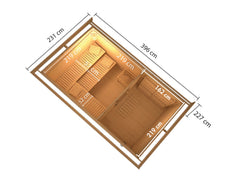 Karibu Saunahaus Skrollan 3 38 mm- 11 kW Bioofen ext. Strg- Milchglastür – Vorschau 3
