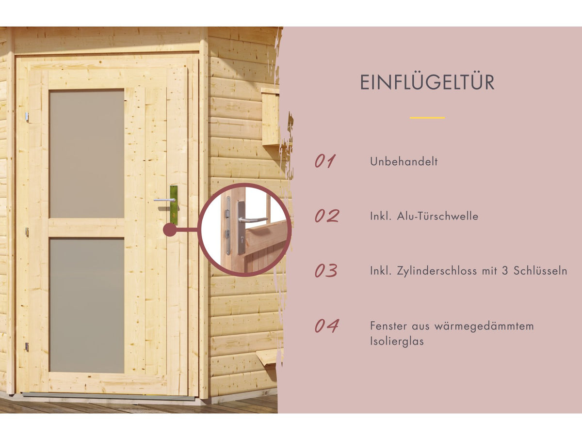 Karibu Saunahaus Skrollan 3 38 mm- 11 kW Bioofen ext. Strg- Milchglastür
