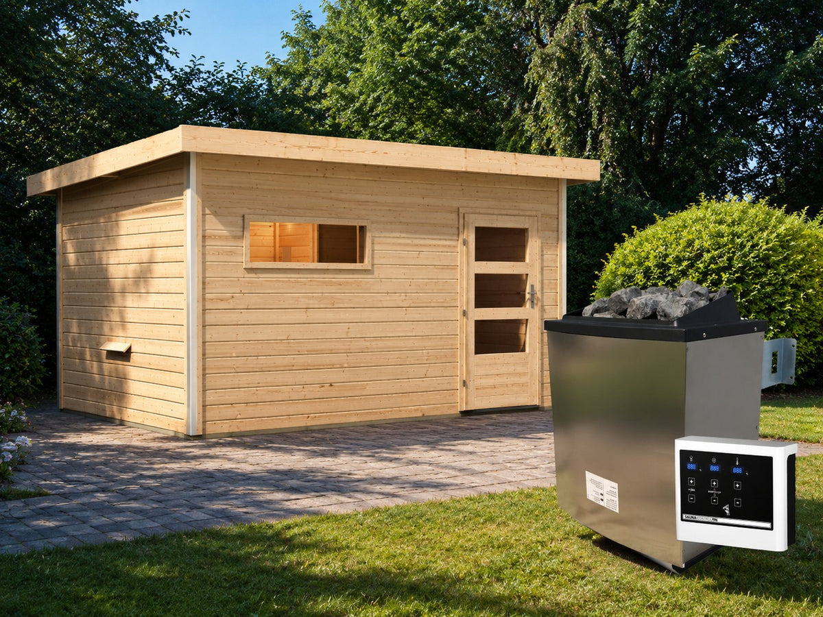 Karibu Saunahaus Skrollan 3 38 mm- 11 kW Ofen ext. Strg- moderne Tür