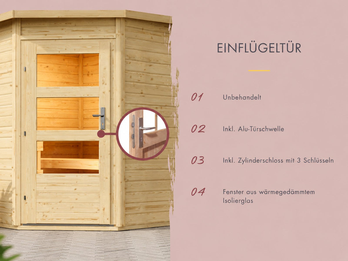 Karibu Saunahaus Skrollan 3 38 mm- 11 kW Ofen ext. Strg- moderne Tür