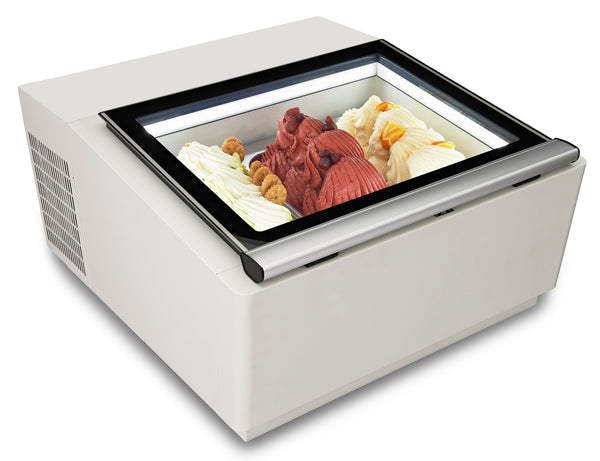 COMBISTEEL TABLE MODEL ICE CREAM DISPLAY CABINET WHITE OPENS ON THE SERVING SIDE