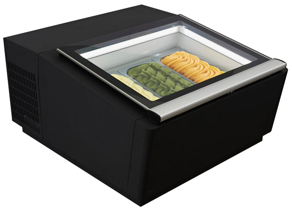 COMBISTEEL TABLE MODEL ICE CREAM DISPLAY CABINET BLACK OPENS ON THE SERVING SIDE