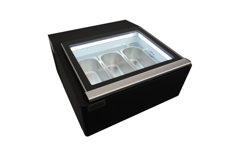 COMBISTEEL TISCHMODELL SPEISEISVITRINE SCHWARZ  ÖFFNET AUF DER BEDIENUNG SEITE