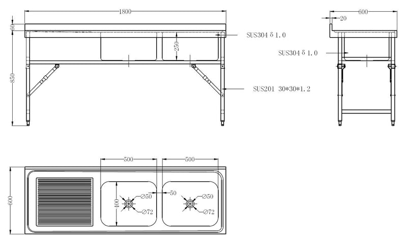 COMBISTEEL 600 FOLDABLE SINK 1800 2R 