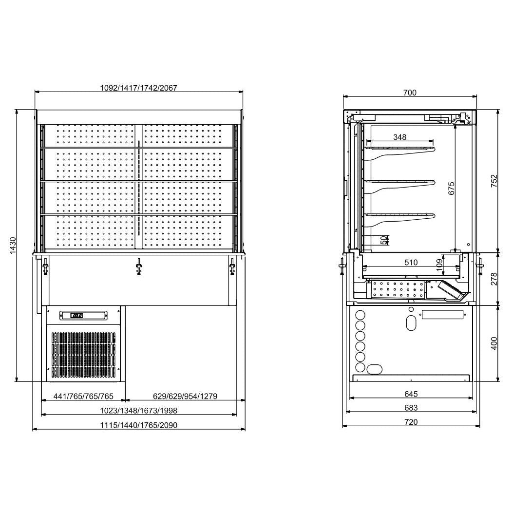 COMBISTEEL BUILT-IN WALL-MOUNTED REFRIGERATED DISPLAY CABINET SQUARE – WITH ROLLER CURTAIN 3/1 GN 
