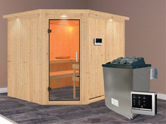 Karibu Sauna Malin inkl. 9 kW Ofen mit ext. Steuerung, ohne Dachkranz, mit Klarglas Ganzglastür – Vorschau 2