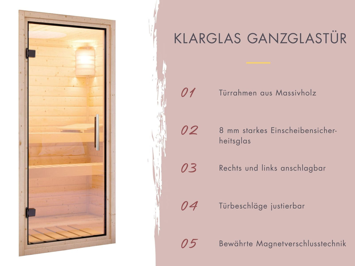 Karibu Sauna Malin inkl. 9 kW Ofen mit ext. Steuerung, ohne Dachkranz, mit Klarglas Ganzglastür