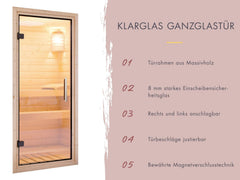 Karibu Sauna Malin inkl. 9 kW Ofen mit ext. Steuerung, ohne Dachkranz, mit Klarglas Ganzglastür – Vorschau 6