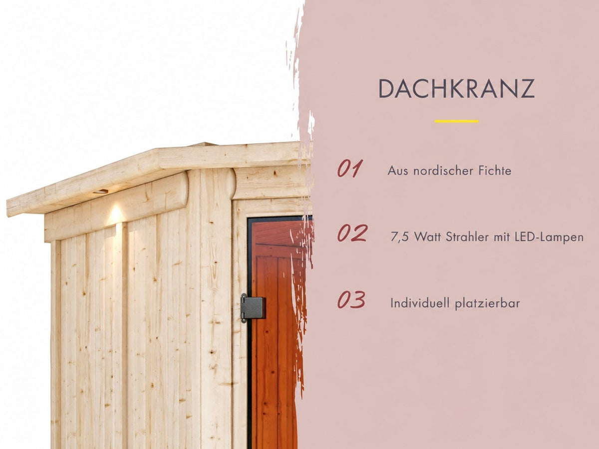 Karibu Sauna Malin inkl. 9 kW Ofen mit ext. Steuerung, ohne Dachkranz, mit Klarglas Ganzglastür