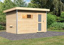 Karibu Gartensauna "Saunahaus Joost 1 mit Vorraum naturbelassen / 9kW Bio-Ofen + HUUM WIFI Steuergerät Sparset" 4 Personen