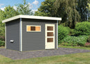 Karibu Gartensauna "Saunahaus Joost 2 mit Vorraum Terragrau/ 9kW Bio-Ofen + HUUM WIFI Steuergerät Sparset" 4 Personen