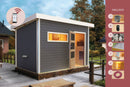 Karibu Gartensauna "Saunahaus Joost 2 mit Vorraum Terragrau/ 9kW Bio-Ofen + HUUM WIFI Steuergerät Sparset" 4 Personen