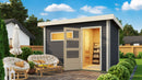 Karibu Gartensauna "Saunahaus Joost 2 mit Vorraum Terragrau/ 9kW Bio-Ofen + HUUM WIFI Steuergerät Sparset" 4 Personen