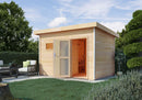Karibu Gartensauna "Saunahaus Joost 2 mit Vorraum naturbelassen / 9kW Bio-Ofen + HUUM WIFI Steuergerät Sparset" 4 Personen
