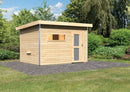 Karibu Gartensauna "Saunahaus Joost 2 mit Vorraum naturbelassen / 9kW Bio-Ofen + HUUM WIFI Steuergerät Sparset" 4 Personen