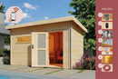 Karibu Gartensauna "Saunahaus Joost 3 mit Vorraum naturbelassen / 9kW Bio-Ofen + HUUM WIFI Steuergerät Sparset" 5 Personen
