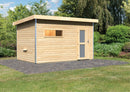 Karibu Gartensauna "Saunahaus Joost 3 mit Vorraum naturbelassen / 9kW Bio-Ofen + HUUM WIFI Steuergerät Sparset" 5 Personen
