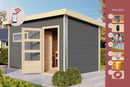 Karibu Gartensauna "Saunahaus Joost 3 mit Vorraum Terragrau/ 9kW Bio-Ofen + HUUM WIFI Steuergerät Sparset" 5 Personen