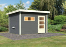 Karibu Gartensauna "Saunahaus Joost 3 mit Vorraum Terragrau/ 9kW Bio-Ofen + HUUM WIFI Steuergerät Sparset" 5 Personen