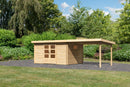 Karibu Gartenhaus “Trittau 5” Pultdach zum Wohnen mit Anbau/Terrasse aus Holz in Natur