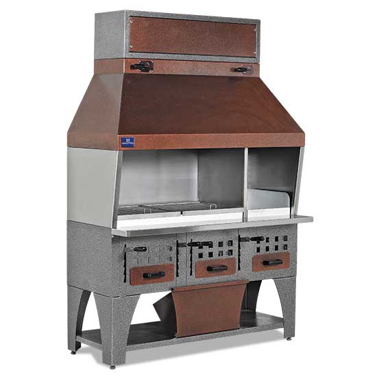 Virtus & Mastro Holzkohlegrill auf Unterschrank mit Ascheschubladen und Abzugshaube, 2 Grillzonen gesamt 1020x530 mm