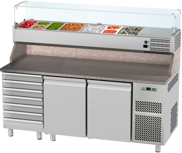 AfG Berlin Dpt-2ssl Pizzakühltisch 2 Türen + 7 Schubladen Und Aufsatzvitrine