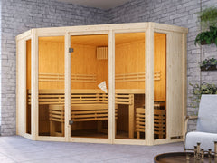 Karibu Sauna Alcinda 2, 68 mm, inkl. 9 kW Bioofen ext. Steuerung Wifi HUUM - ohne Dachkranz - – Vorschau 1
