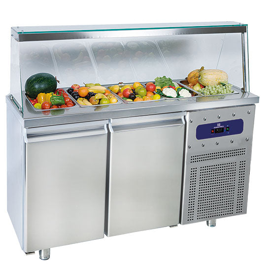 Virtus & Mastro Saladette a 2 porte GN 1/1 con sovrastruttura in vetro, 4x GN 1/1 H=150 mm, -2°/+8°C
